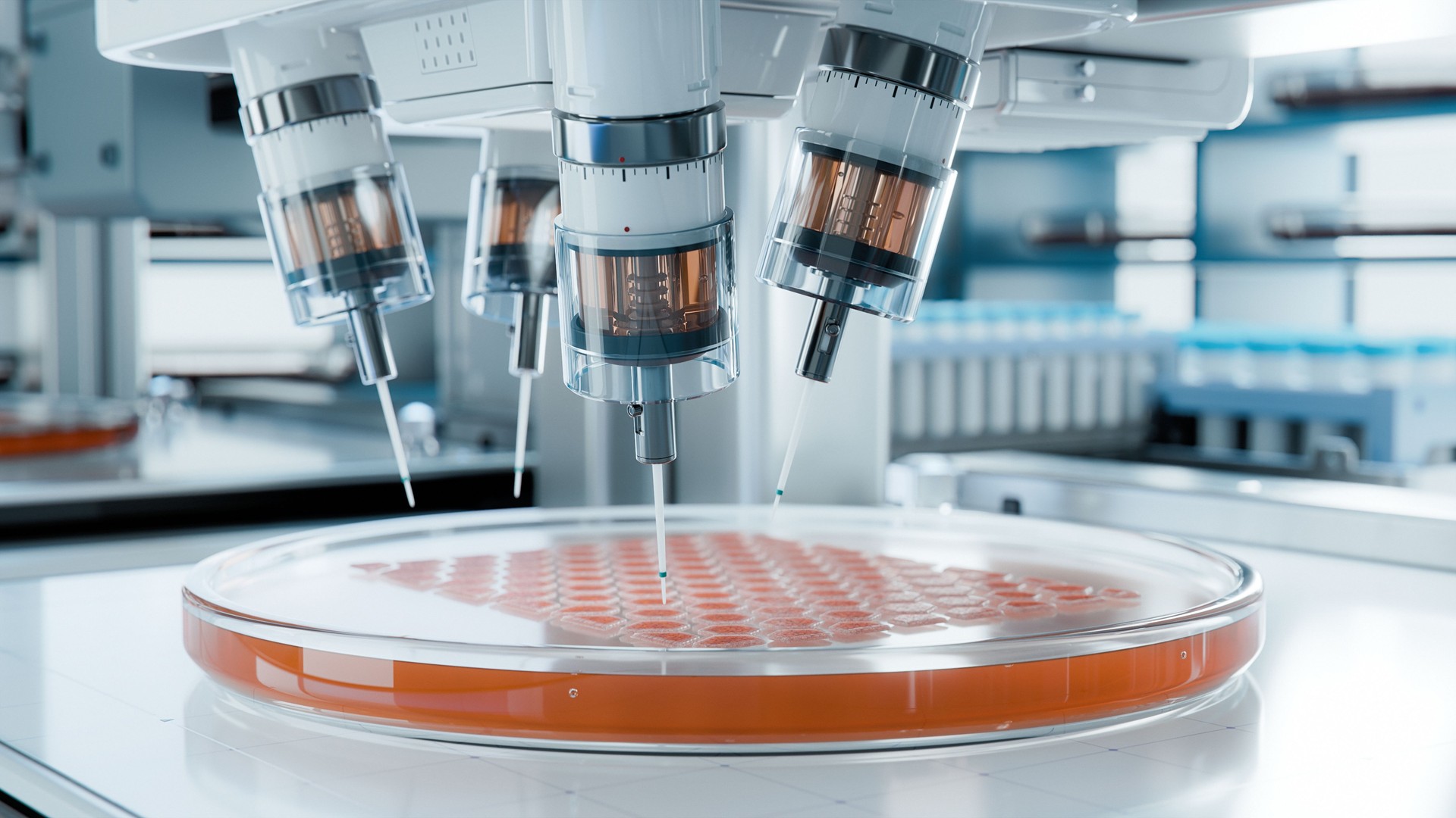 Inside Futuristic Laboratory Automated Medical Printer working on Artificially Grown Organic Tissues. High Precision Research Equipment Conducting Experiments. Bioprinting Advanced Technology Concept